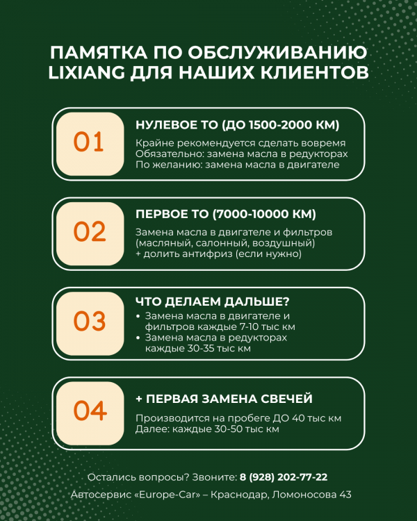 Интервалы замены масел и других расходников Lixiang. Плановое ТО Лисян