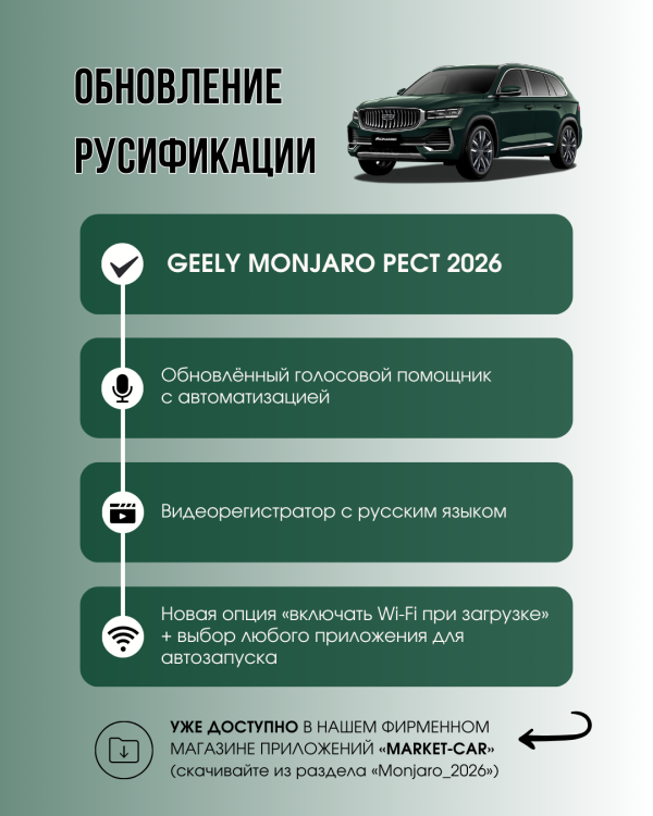 Скачивайте обновление русификации для Geely Monjaro 2026 из нашего магазина Market-Car